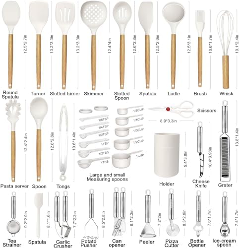 Cooking Utensils Set- 35 PCs Kitchen Utensils with Grater,Tongs, Spoon Spatula &Turner Made of Heat Resistant Food Grade Silicone and Wooden Handles Kitchen Gadgets Tools Set for Cookware