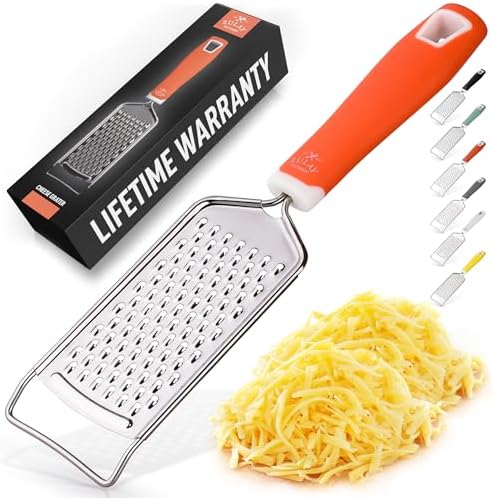Zulay Kitchen Professional Cheese Grater Stainless Steel - Durable Rust-Proof Metal Lemon Zester Grater With Handle - Flat Handheld Shredder for Parmesan, Chocolate, Spices, And More - Orange