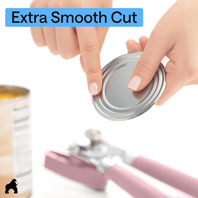 GORILLA GRIP Heavy Duty Stainless Steel Smooth Edge Manual Can Opener and Bottle Openers, Soft Comfortable Handle, Oversized Handheld Turn Knob, US Designed Multifunctional Kitchen Tool, Pink