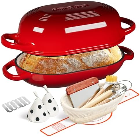 Enameled Cast Iron Sourdough Bread Oven, Dutch Oven, incl. Sourdough Bread-Baking Supplies like Banneton Bread-Proofing Basket - 5QT Loaf Cast Iron Bread Pan for Homemade Bread Baking, Red Meatloaf Pan with Lid
