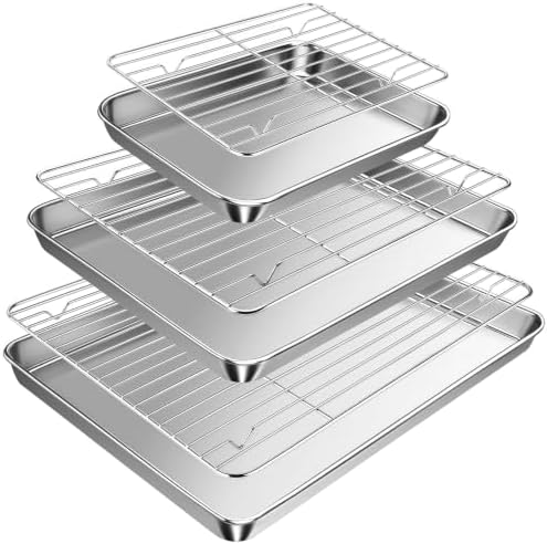 Baking Sheet with Rack Set (3 Pans + 3 Racks), 9/12/16 Inch Stainless Steel Cookie Sheet Baking Pan Tray with Cooling Rack, Jelly Roll Pan with Wire Rack, Warp Resistant & Heavy Duty & Rust Proof
