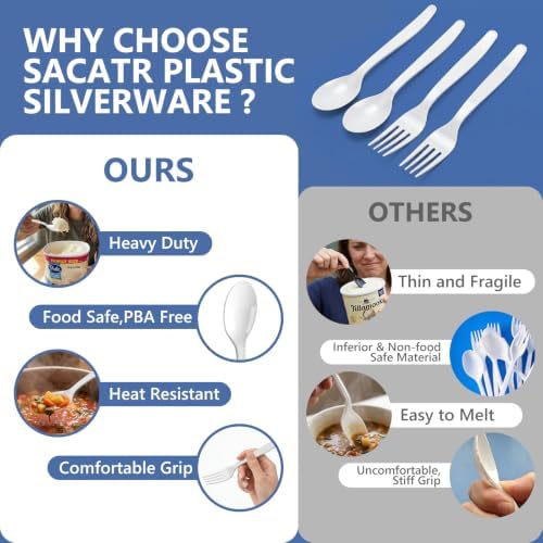 SACATR 100 Count White Plastic Silverware Heavy Duty -Forks,Spoons