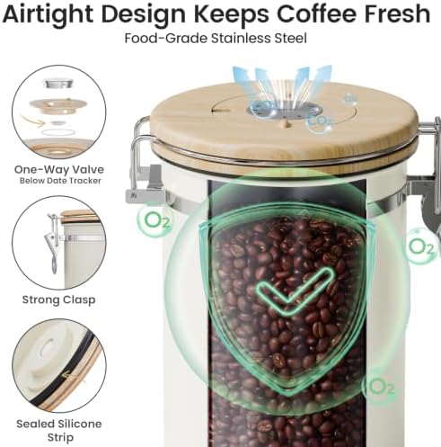 Veken Coffee Canister with Window, Airtight Stainless Steel Container, Gifts For Women, Kitchen Food Storage for Beans,Ground,Espresso,Rice,Tea, Sugar, Cereal, Lids,Jars, Scoop, Cream,22OZ (Pack of 2)