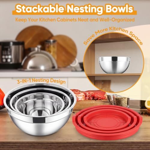 Herogo Stainless Steel Mixing Bowls with Lids Set of 3, 1.5/3/4.6Qt, Red