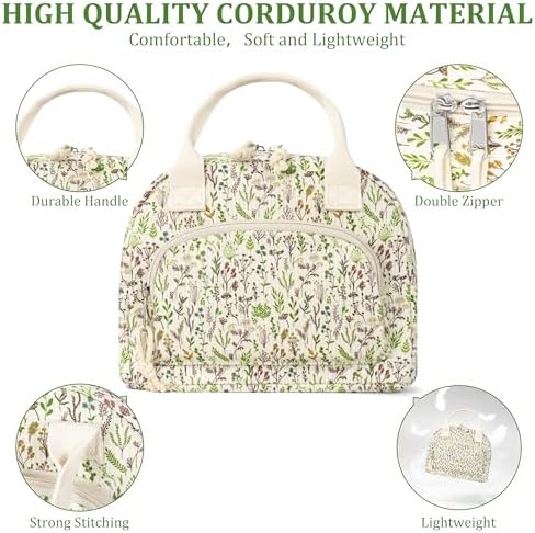 TESAFNG Lunch Bag - Insulated Lunch Box for Women, Reusable Large Capacity Cooler Bag for Adult, Small Leakproof Cute Corduroy Lunch Tote for Work Office Travel Picnic (Floral)