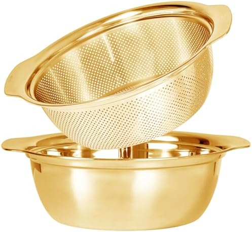 Paoli 304 Stainless Steel Fine Mesh Colander Set, 3.5QT Large Capacity Strainer with Mixing Bowl — Rinse Fruits, Veggies, Rice & Drain Pasta, Dishwasher Safe (2-Piece Gold)