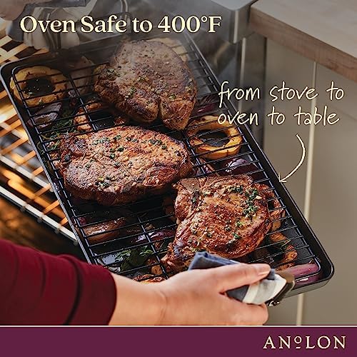 Anolon Advanced Home Hard Anodized Nonstick Double Burner Griddle/Grill Pan with Roasting Rack, 10 Inch x 18 Inch, Bronze