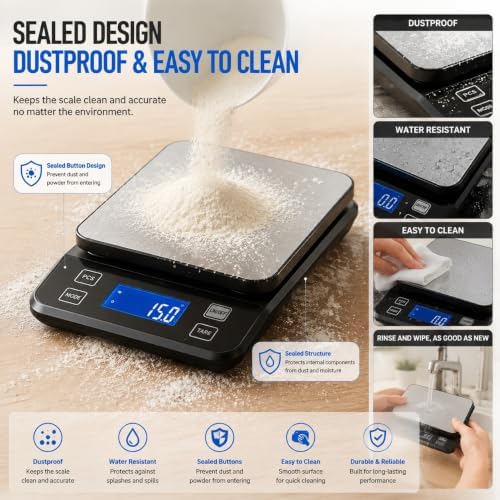 Waterproof Digital Kitchen Scale 0.001oz/0.1g Precision, Stainless Steel Electronic Scale with 3 Power Options (Rechargeable/AAA/Built-in), 10 Units Conversion, Smart Standby, 22lb/10kg Capacity