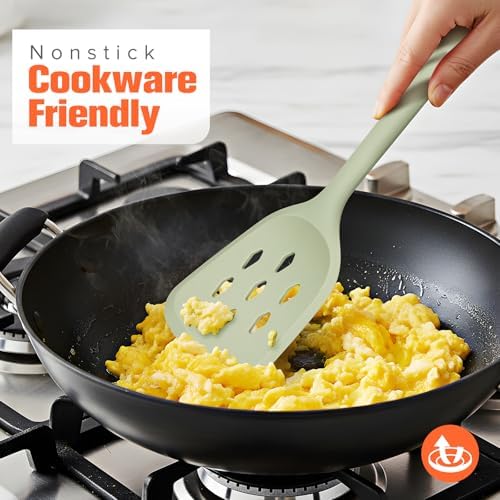 Silicone Spatula Set of 2 Pack, Heat Resistant Solid&Slotted Turner (GREEN)