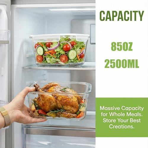 2 Pack Large Glass Food Storage Containers with Lids 85oz/10.5cup Big Airtight Storage Containers for Rotisserie Chicken Meal Prep Leftovers, BPA Free & Leak Proof, Microwave, Oven Safe (transparent)