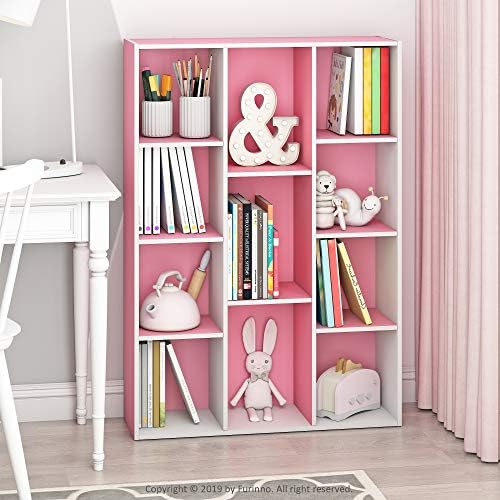 Furinno LUDER Book Shelf, 11-Cube Bookshelf, Reversible Bookcase, 9.4 x 29.1 x 41.7, Easy Assembly, for Living Room, Bedroom, Home Office, White/Pink