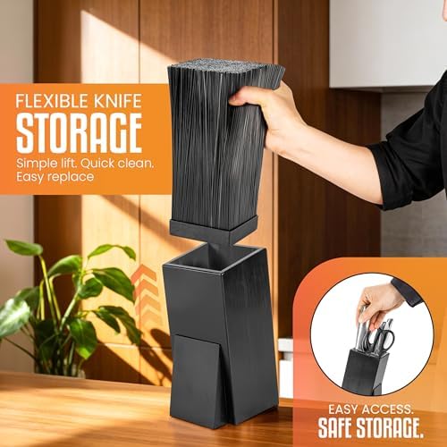 Acacia Wood Angled Knife Block with Multi-Purpose Holder – Universal Kitchen Knife Storage with Removable Bristle Insert (black bamboo, small)