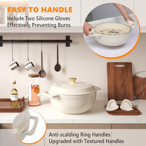 Bonnlo 7.5QT Round Dutch Oven, Enameled Cast Iron Dutch Oven Pot with Lid & Dual Handles, Oven Safe Up to 500° F, for Sourdough, Bread Baking, Stews and Roasting, White