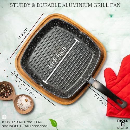 Moss & Stone Grill Pan for Indoor Cooking, 11" Nonstick Square Grill Pan
