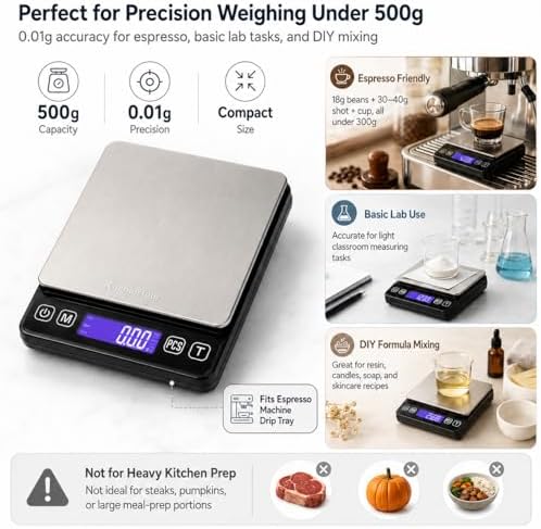 KitchenTour Mini Gram Scale for Coffee, Jewelry and Small Items, 500g x 0.01g Digital Pocket Scale with Tare, 6 Units, Back-Lit LCD, 2 Trays, Black