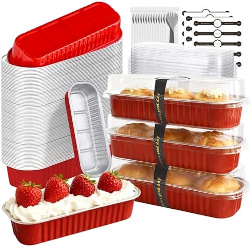 Mini Cake Pans with Lids and Spoons 200 Pack, Mini Loaf Pans with lids 6.8oz, Small Disposable Aluminum Foil Loaf Pans, Rectangular Baking Container for Party, Picnics and Housewarming (Red)