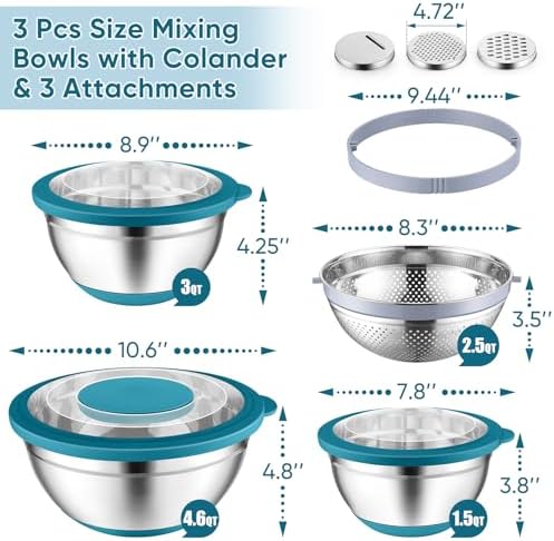 P&P CHEF Mixing Bowls with Lids, Metal Mixing Bowl with Colander, Blue