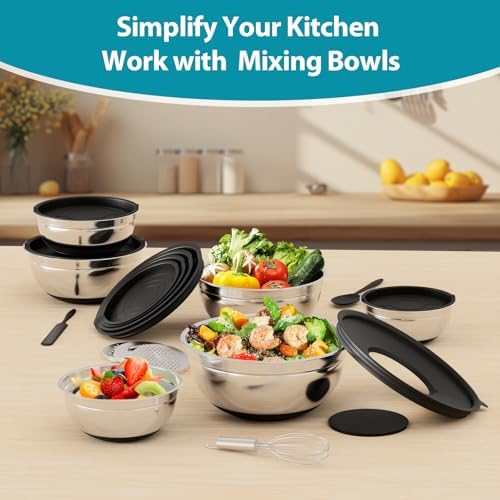 ENVTEK Mixing Bowls Set with Airtight Lids,Non-Slip Silicone Bottoms, Black