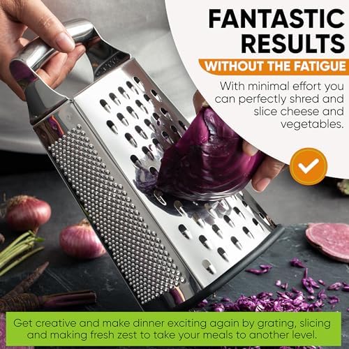 Spring Chef Stainless Steel Cheese Grater, Large Box Grater for Kitchen