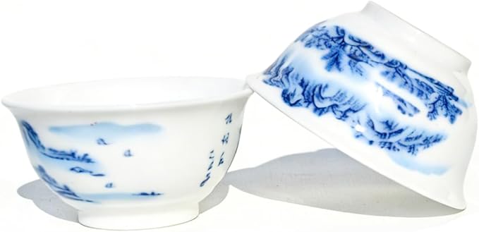 Liang baobao Chinese Traditional Tea Tasting Cup Set of 4, 2oz Bule and White Porcelain Mini Cups for Gongfu Tea Ceremony (landscape)