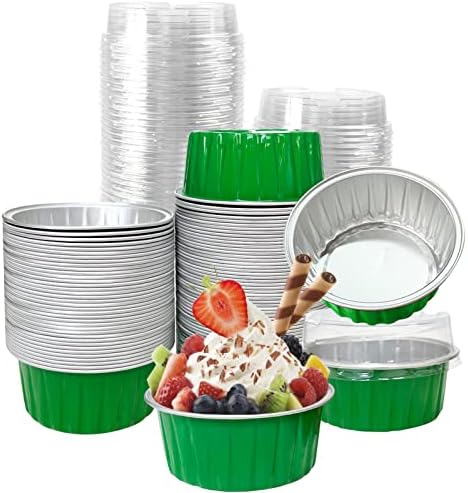 100Pcs Aluminum Cups with Lids,5oz Disposable Ramekin Baking Cups Muffin Liners Mini Pie Pans Foil Cupcake Containers for Christmas Party Wedding Party,Green