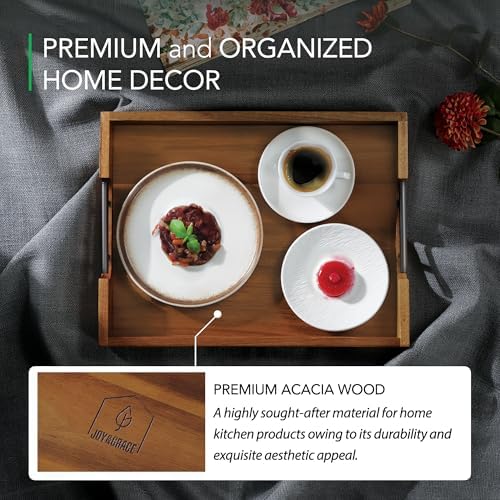 Joy&Grace Acacia Wood Ottoman Tray with Handles 16.7" x 12.8"