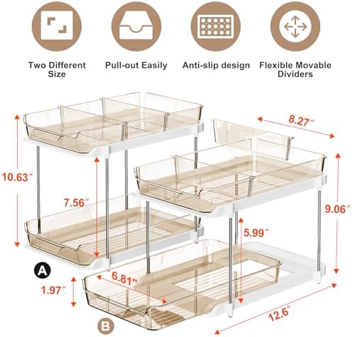 Delamu 2-Tier Multi-Purpose Bathroom Under Sink Organizers and Storage, Stackable Kitchen Pantry Organization, Pull Out Medicine Cabinet Organizer with Movable Dividers, Amber, 2 Pack