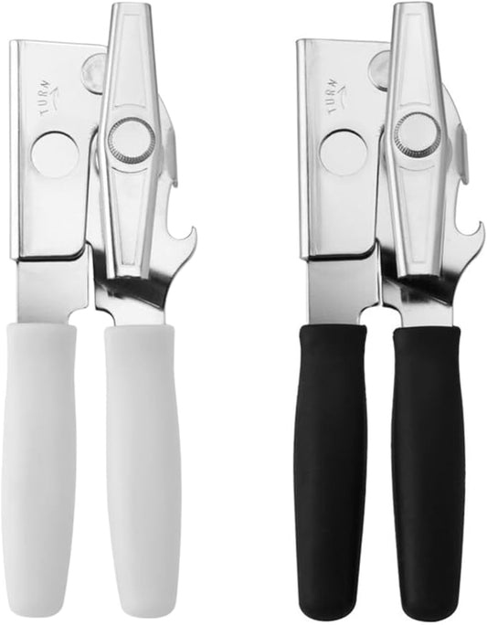 Swing-A-Way 8.6" Portable Can Opener with Sharp Blade, Manual Handheld, 2-in-1 Can & Bottle Opener, Made of Steel, Easy Turn Knob, Kitchen Essential for Cans, Bottles & Jars - 2-Pack (White & Black)