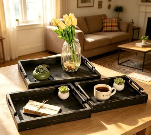 3Pc Rustic Black Vintage Nested Wood Serving Trays, Decorative