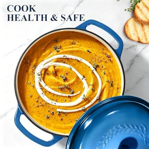 Enameled Cast Iron Dutch Oven - Wildone 6QT Pot with Lid & Cotton Potholders - Oven Safe Enamel Cookware for Bread Baking, Braising, Stews, Roasting, Blue