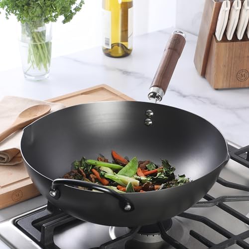 Martha Stewart Chisholm 13.5-Inch Carbon Steel Nonstick Wok, PFAS-Free Wok Pan & Flat Bottom Stir Fry Pan with Long Walnut Wood Handle & Helper Handle, Black