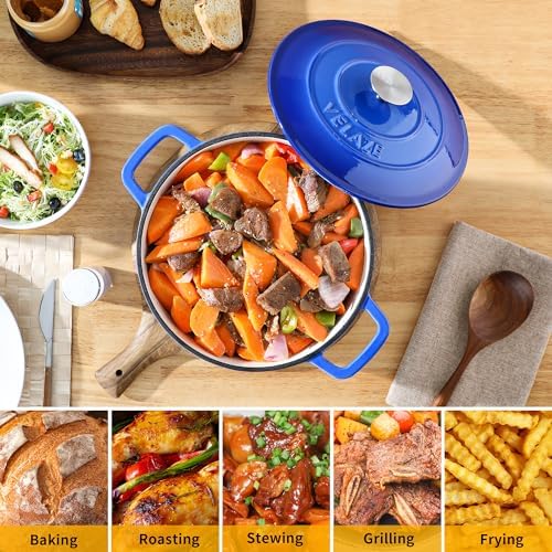 Velaze 6 QT Enameled Cast Iron Dutch Oven Pot with Lid, Blue