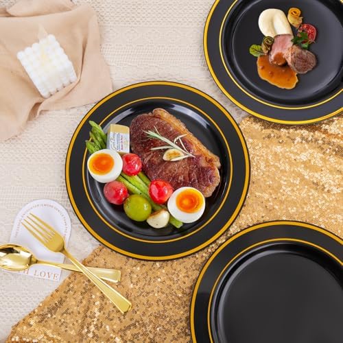 bUCLA 100 Pieces Black and Gold Plastic Dinner Plates - 10.25 inch Black Disposable Plates with Gold Rim - Ideal for Party, Graduation & New Year