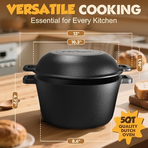 Cast Iron Dutch Oven Pot for Bread Baking 5QT,with Skillet Lid Cooking Pan