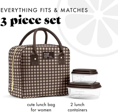 Fit & Fresh Bloomington Lunch Bag for Women - Insulated Large Lunch Box for Work with Containers, Leak-Resistant, Gingham Tan