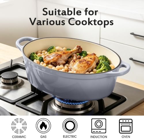 Enameled Oval Dutch Oven Pot with Lid, 7 QT Cast Iron Dutch Oven with Dual Handles for Cooking, Bread Baking, Frying, Non-stick Enamel Coated Oven (Grey)
