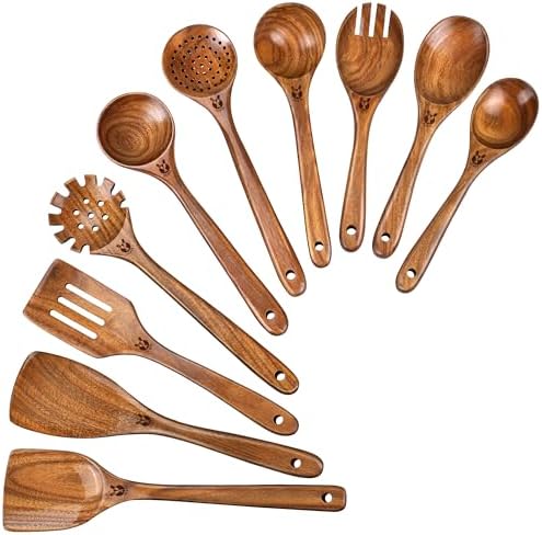 10Pcs Wooden Kitchen Utensils Set, Heat Resistant Wooden Spoons for Cooking
