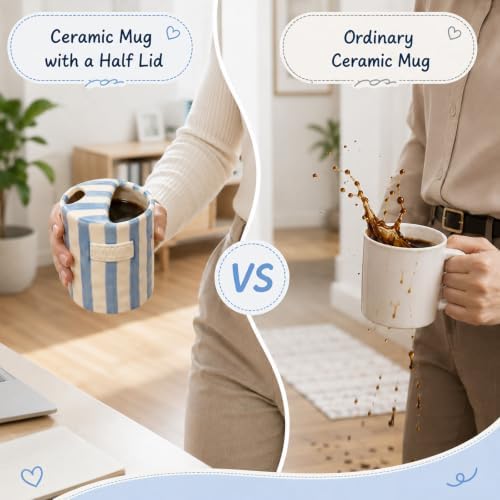 Ceramic Coffee Mug with Sip Hole 12oz, To Go Ceramic Mug Striped