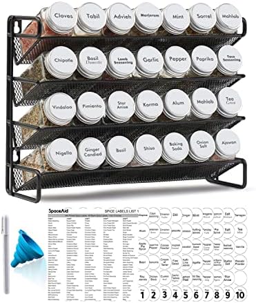 SpaceAid Spice Rack Organizer with 28 Spice Jars, 386 Spice Labels, Chalk Marker and Funnel Set for Cabinet, Countertop, Pantry, Cupboard or Door & Wall Mount - 28 Jars, 13.4" W × 10.8" H, White
