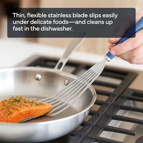 Misen Fish Stainless Steel Spatula - Slotted Turner for Cooking - Perfect for Frying - Heat Resistant - Dishwasher Safe -1mm Thick Flexible Flipper - Soft Silicone Grip Handle for Easy Use