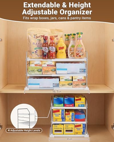 EVERIE Extendable 3-Tier Kitchen Cabinet & Pantry Organizer for Plastic Wrap, Foil & Storage Bags, Adjustable Heavy Duty Shelf Rack for Wrap Boxes, Jars & Snack Boxes (11–16.7 in Wide), Pack of 2