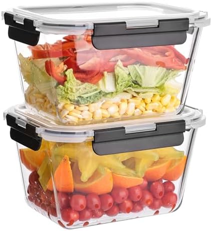 Liuruiyu 2 Pack Large Glass Food Storage Containers with Lids, 63oz Big Meal Prep Containers, Airtight Bento Boxes with Leak Proof Locking for Microwave, Oven, Freezer and Dishwasher, BPA Free
