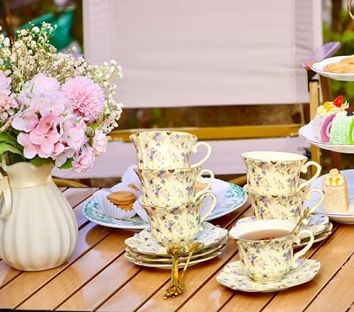 TATSUMI Country Roses 18 Peices Bone China Tea Cup And Saucer Set, English Vintage Tea Cups Of 6 For Women And Tea Party Sets(yellow,6 Sets)