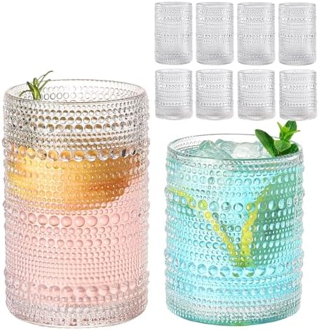 ZMOWIPDL 12oz & 15oz Hobnail Drinking Glasses,Clear Glass Cups Set of 8