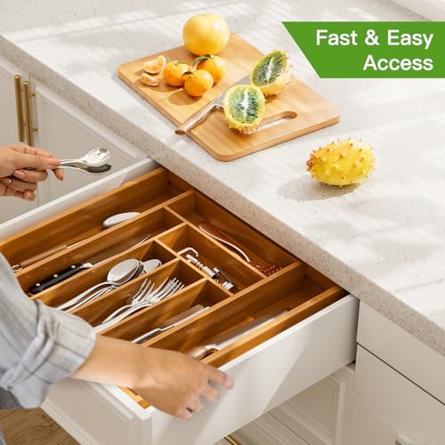 Pipishell Bamboo Expandable Silverware Drawer Organizer, Brown, Medium