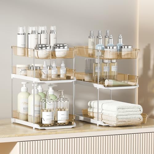 Delamu 2 Pack 3-Tier Bathroom Under Sink Organizers and Storage, Multi-Purpose Stackable Pantry Organization and Storage, Pull Out Clear Kitchen Bathroom Cabinet Organizer with Movable Dividers, Amber