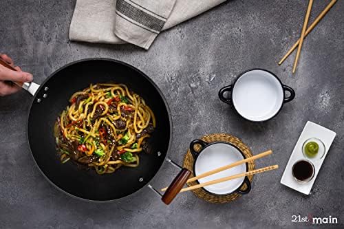 21st & Main Light weight Cast Iron Wok, Stir Fry Pan, Wooden Handle, 14 Inch, chef’s pan, pre-seasoned nonstick, commercial and household, for Chinese Japanese and others Cooking