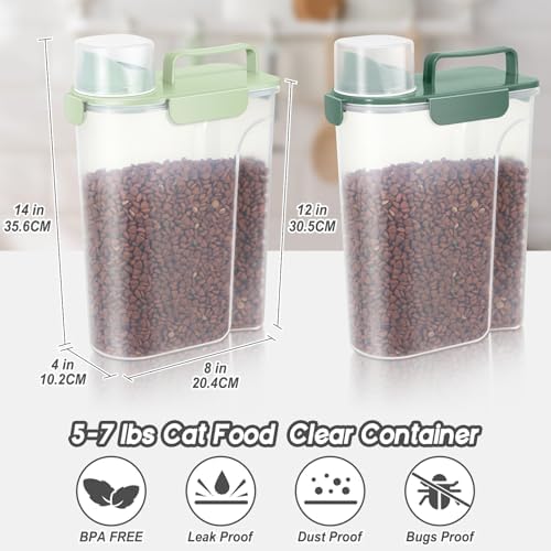 LEAWALK 5-7lbs Dog Cat Storage Container Portable with Upgraded Large Spout and Cup, Plastic Pet Food Dispenser for Small Animal Kibble, Bird Seed,Oatmeal, Rice,Flour, Brown Sugart-Green 2pack