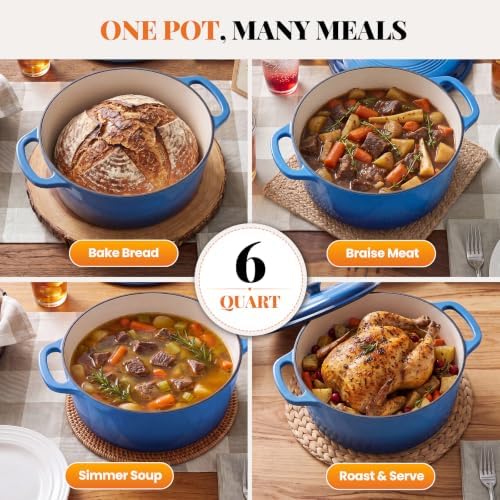 Sweetcrispy 6 Qt Enameled Cast Iron Dutch Oven Pot with Lid, Blue