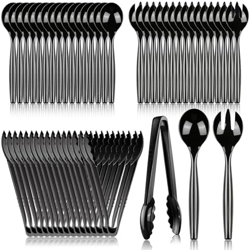 48 Pcs Disposable Black Plastic Serving Utensils, Forks Spoons Tongs